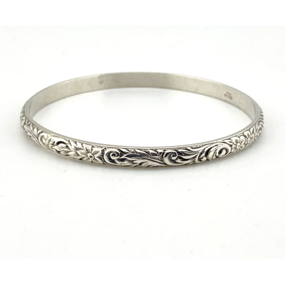 Antique P&H Sterling Silver Forget Me Not Floral Bangle Bracelet Size 7.75